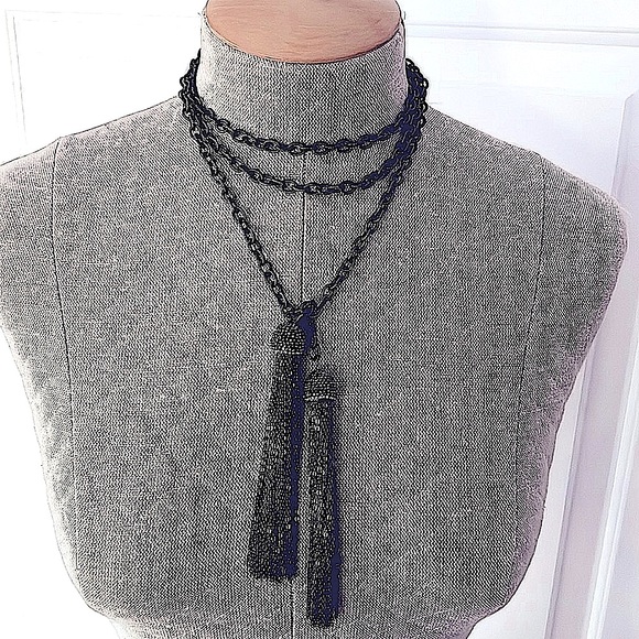 Long Gunmetal Lariat Chain Necklace w/Chain Tassels & Pave Crystals - Picture 1 of 7